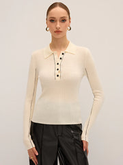 Wool Blend Ribbed Polo Knit Top