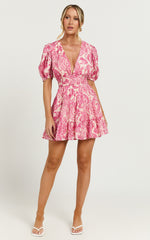 Adea Mini Dress - Plunge Puff Sleeve Tiered Dress in Pink Floral