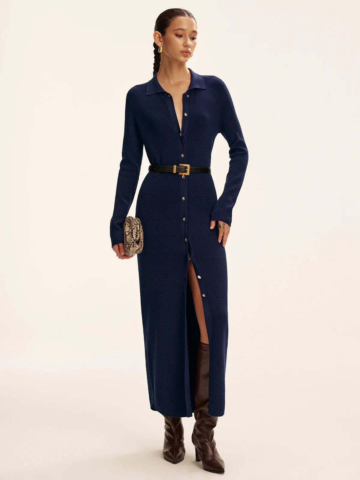 Long Sleeve Button Knit Maxi Dress without Belt