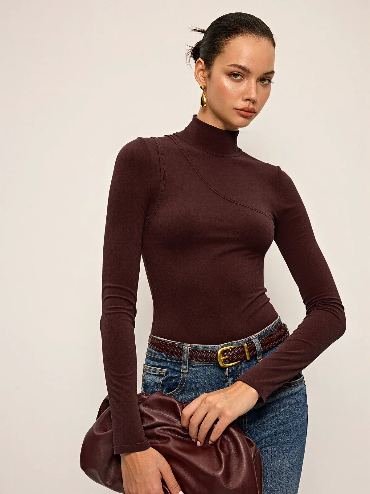 Seam Detail Mock Neck Long-Sleeve T-Shirt