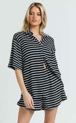 Dylan Two Piece Set - Striped Waffle Shirt and Short Set in Black & White Stripe