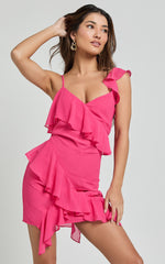 Zaria Mini Dress - Asymmetric Frill Detail Mini Dress in Hot Pink