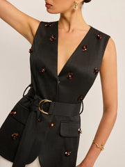 Belted Vest with 3D Sequin Flower Embellishments