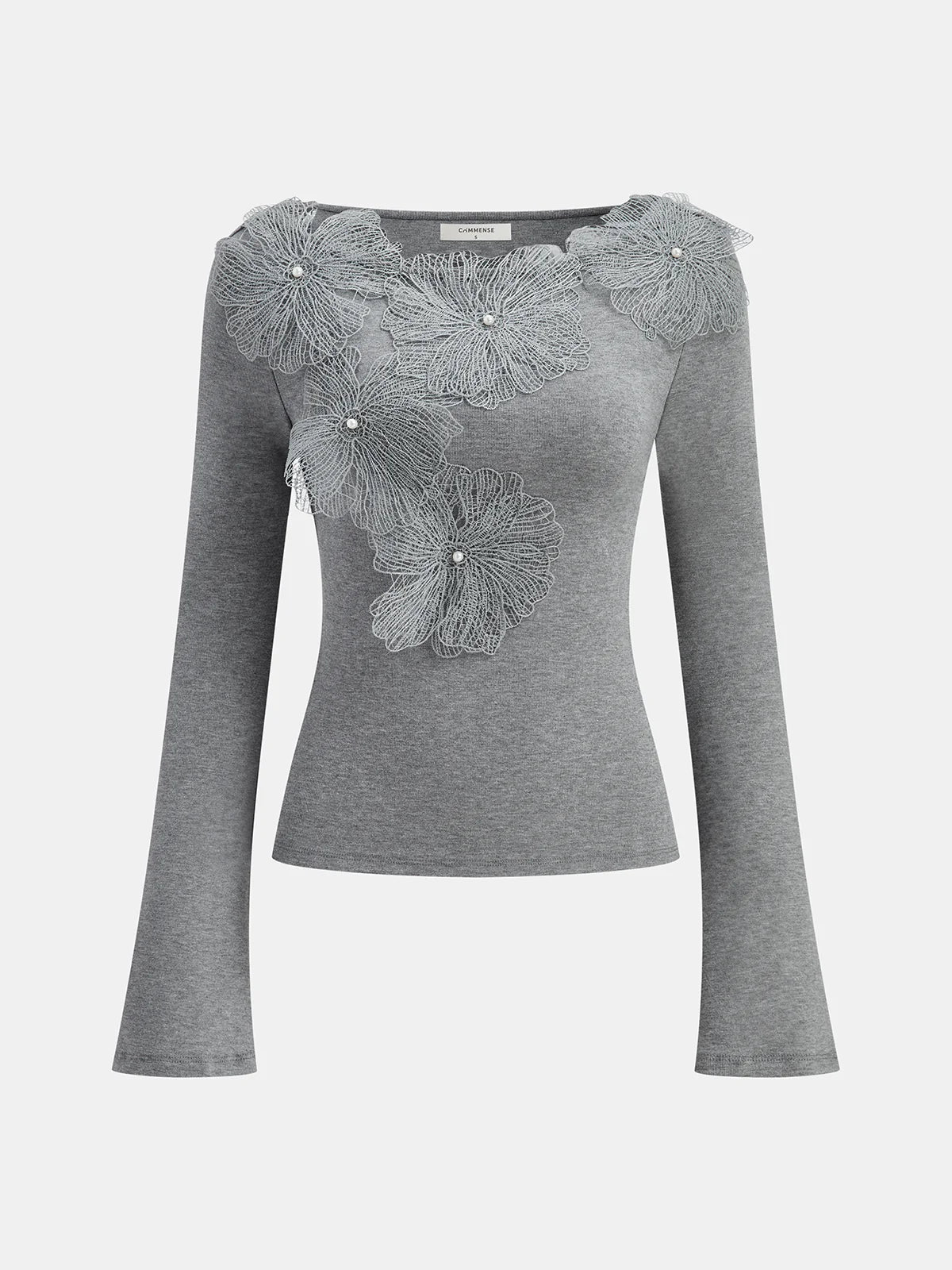 Faux Pearl Decor 3D Floral Fitted Soft Knit Top