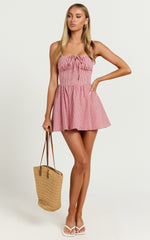 Keegan Mini Dress - Ruched Bust Front Tie Gathered Skirt Dress in Red Gingham