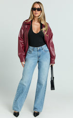 Chloe Jacket - Faux Leather Bomber Jacket in Wine