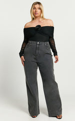 Seraphina Bodysuit - Off Shoulder Long Sleeve Detachable Rosette Mesh Bodysuit in Black