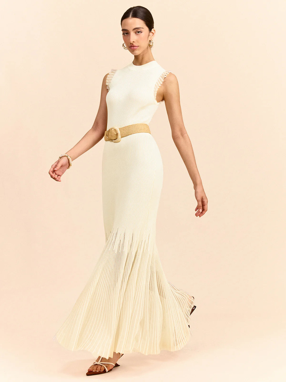 Tulle-Paneled Ruffled Knit Maxi Dress