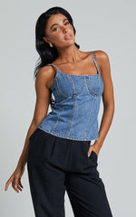 Mckenna Top - Strappy Bustier Denim Top in Mid Blue Wash