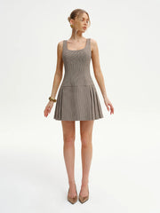 Houndstooth Square-Neck Pleated Mini Dress