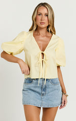 Dana Top - Bow Tie Front Puff Sleeve Blouse in Lemon