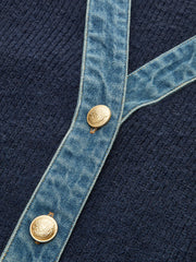 Leg-Of-Mutton Sleeve Denim Panel Knit Cardigan