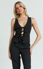 Nola Top - V Neck Front Tie Vest Top in Black