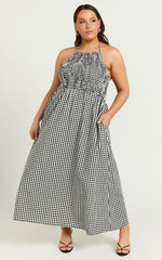Aimie Midi Dress - Strappy Halter Neck Shirred Top in White Check