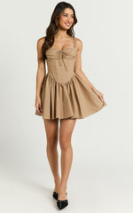 Jonas Mini Dress - Corset Ruched Lace Trim Dress in Neutral