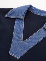 Denim Collar V-Neck Sweater