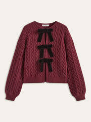 Velvet Bow Cable Knit Cardigan