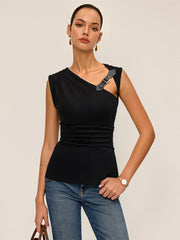 Asymmetric Ruched Top with Buckle Detail