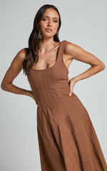 Adelyn Midi Linen Dress - Square Neck Sleeveless A Line Dress in Tobacco