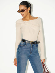 Asymmetric Twist-Front Ribbed Knit Top
