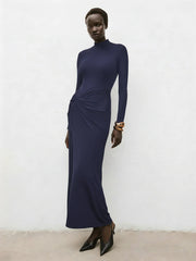 Mock Neck Ruched Slit Maxi Dress