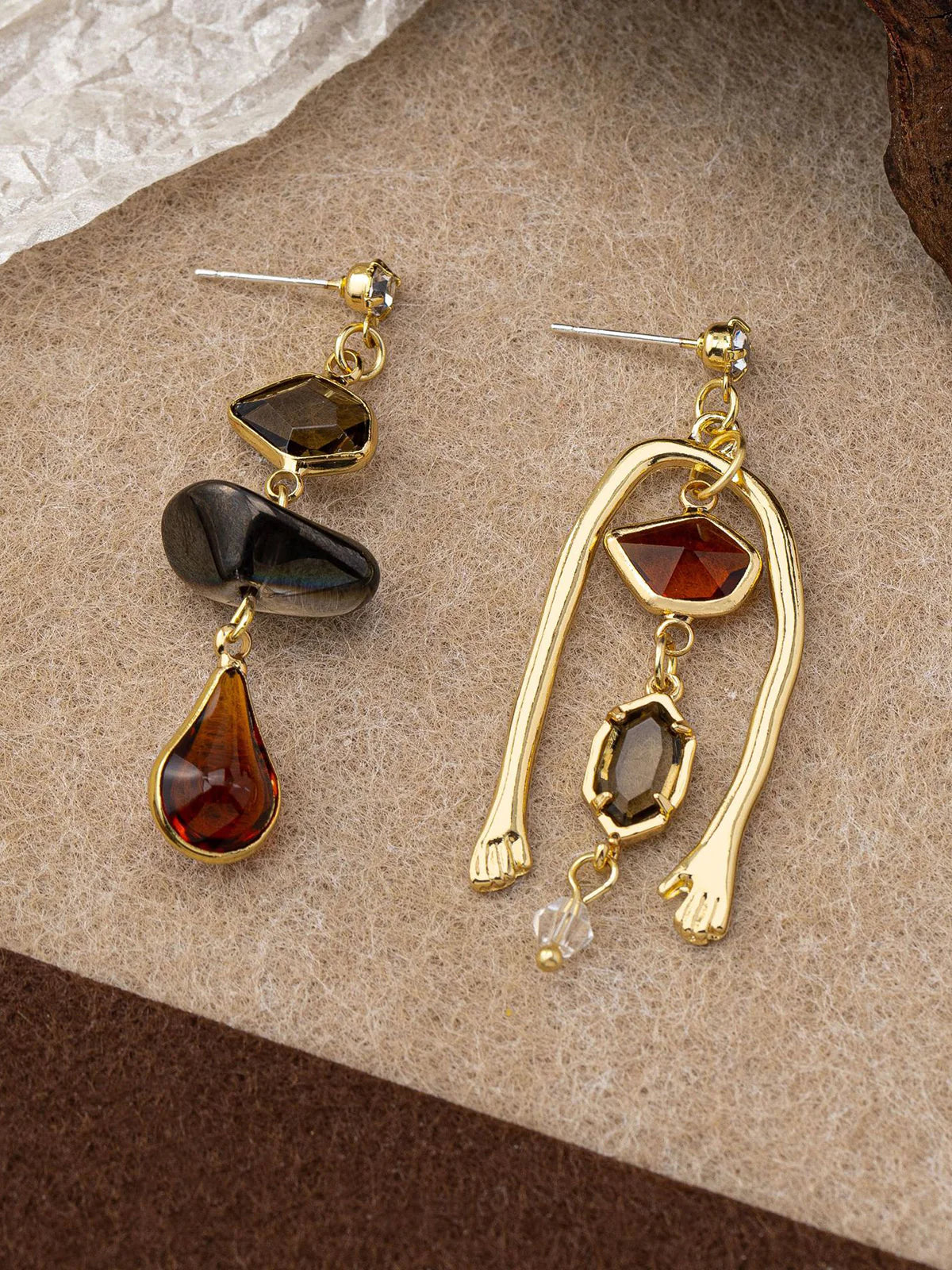 Asymmetrical Gemstone Drop Earrings With Hand Detail