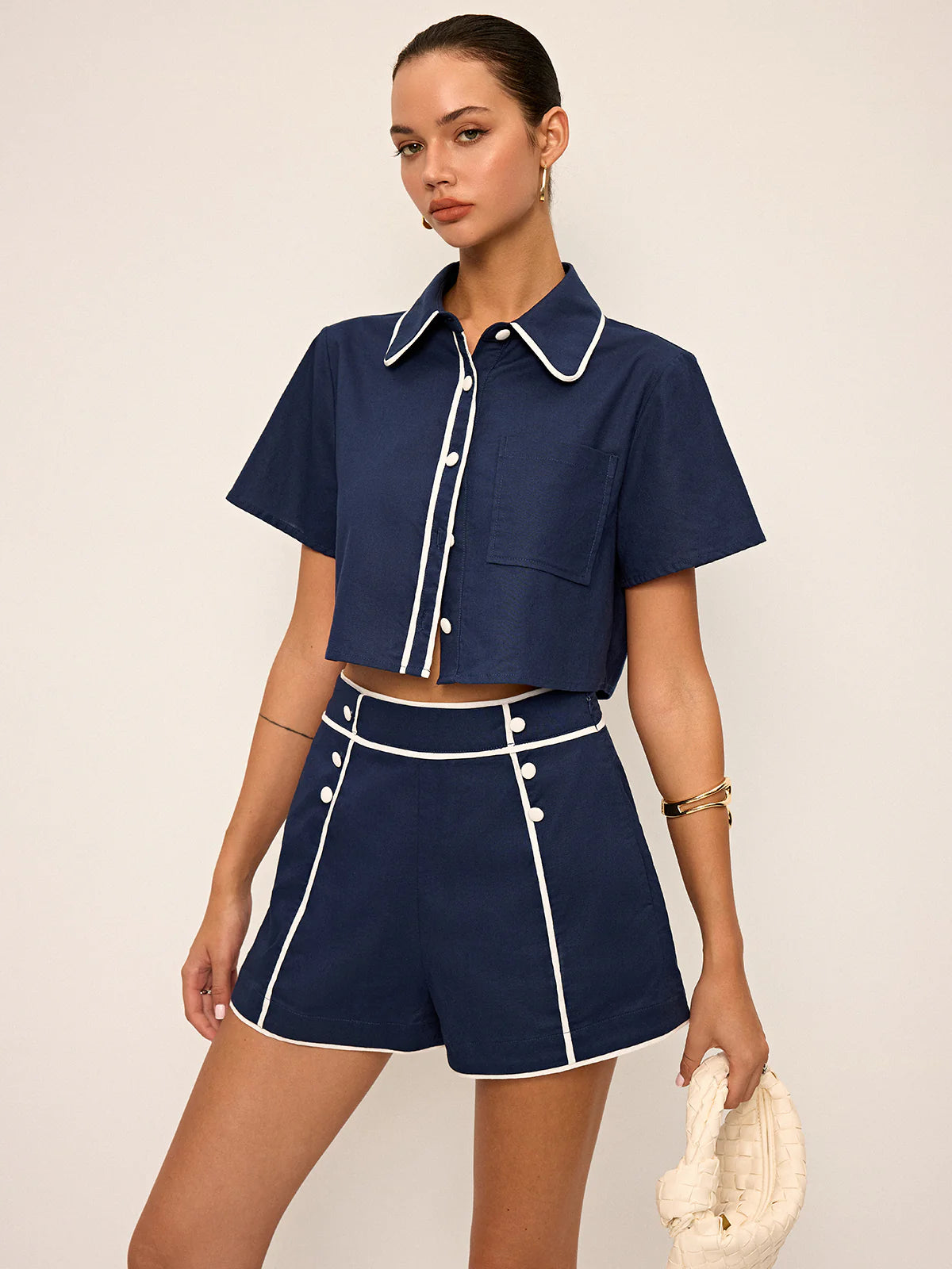Contrast Piping Crop Shirt and Shorts Set
