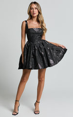 Andree Mini Dress - Metallic Jacquard Full Skirt Mini Dress in Black