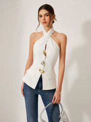 Cotton & Linen Cross-Back Halter Top With Decor Pockets