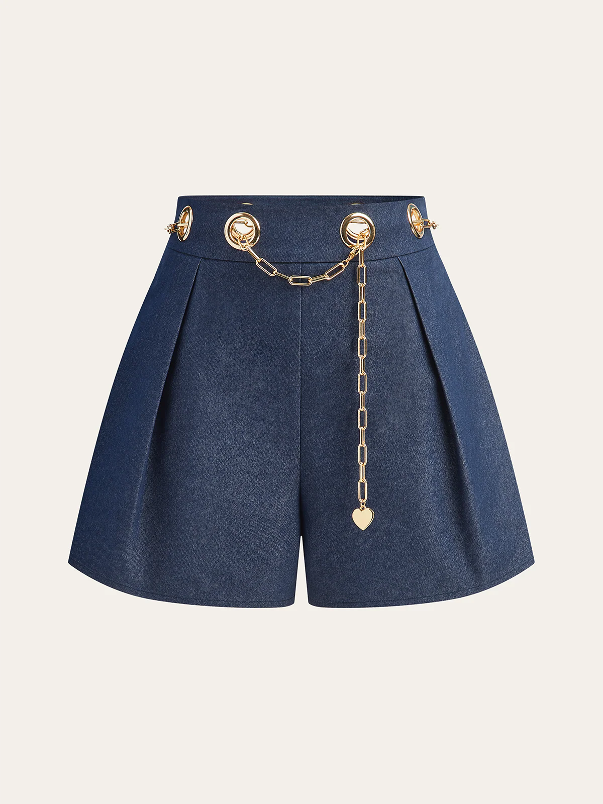 Faux Denim Shorts with Metal Chain Belt