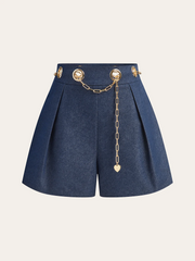 Faux Denim Shorts with Metal Chain Belt
