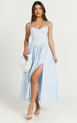 Holly Midi Dress - Corset Lace Up Dress with Split in Soft Blue