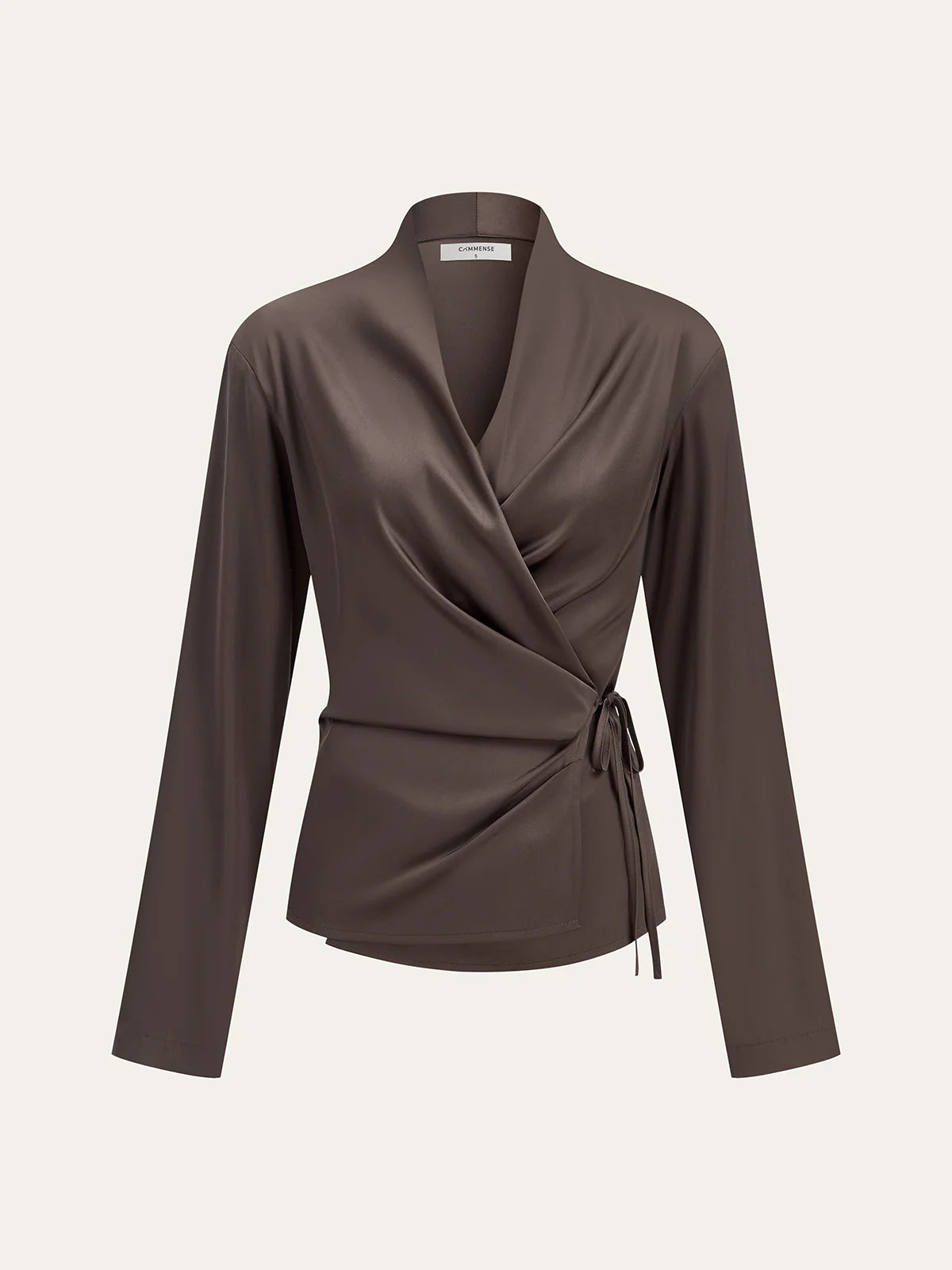 Satin Wrap-Front Long-Sleeve Top