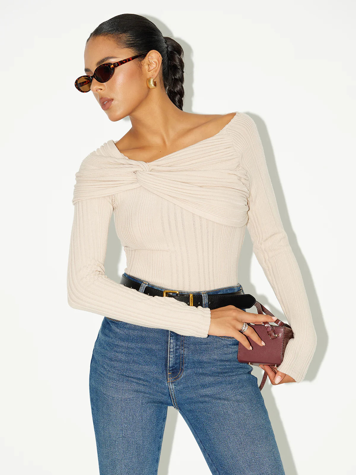 Asymmetric Twist-Front Ribbed Knit Top