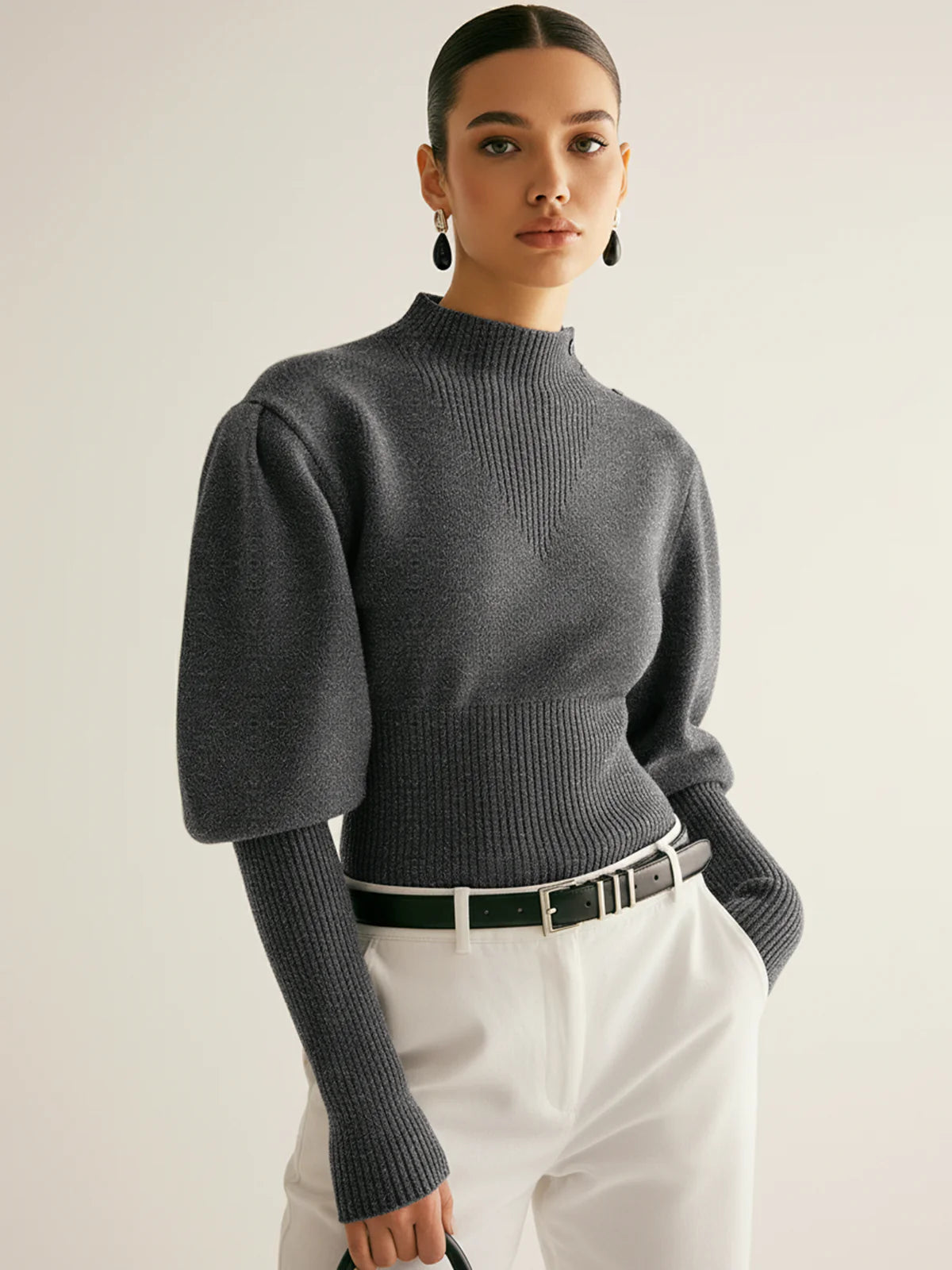 Leg-Of-Mutton Sleeve Button Detail Sweater