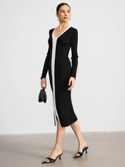 Contrast Trim V-Neck Knitted Slit Dress