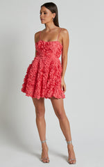 Alvia Mini Dress - 3d Flower Full Skirt Dress in Hot Pink