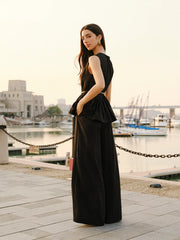 Peplum Top Wide-Leg Pants Set With Belt