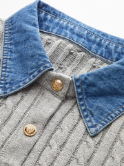Metal Button Denim Collar Cable-Knit Top