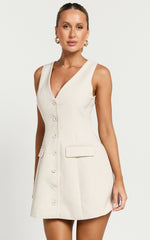 Abbey Mini Dress - Button Front V Neck Vest Dress in Oat