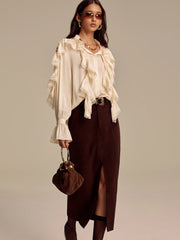 Ruffled Lace Trim Bell Sleeve Shirt