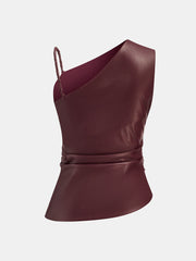 Faux Leather Asymmetric Ruched Top