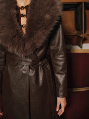 Faux Fur Collar Faux Leather Long Coat