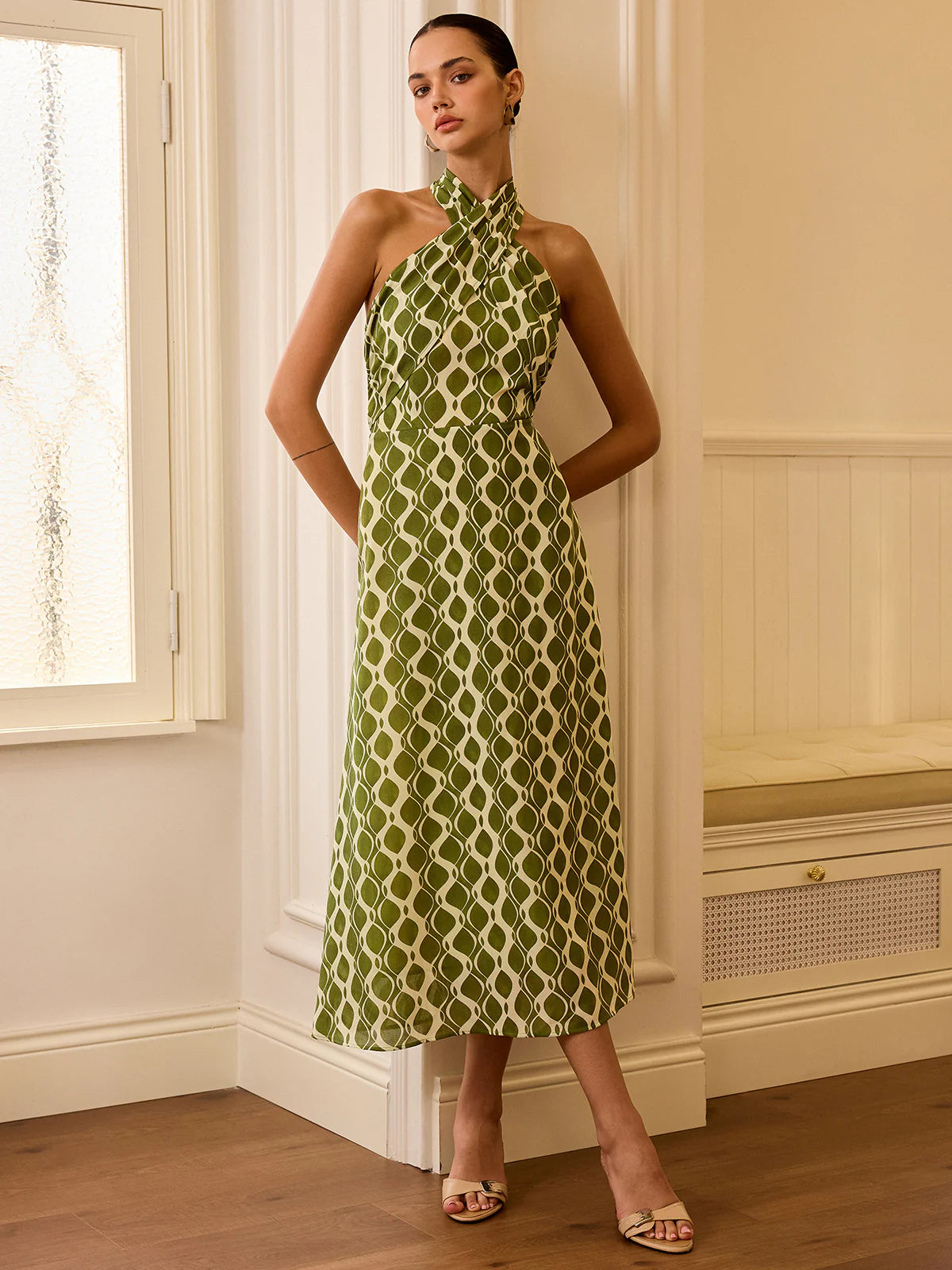 Halter Neck Printed Midi Dress