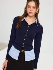 Striped Shirt Panel Metal Button Knit Top