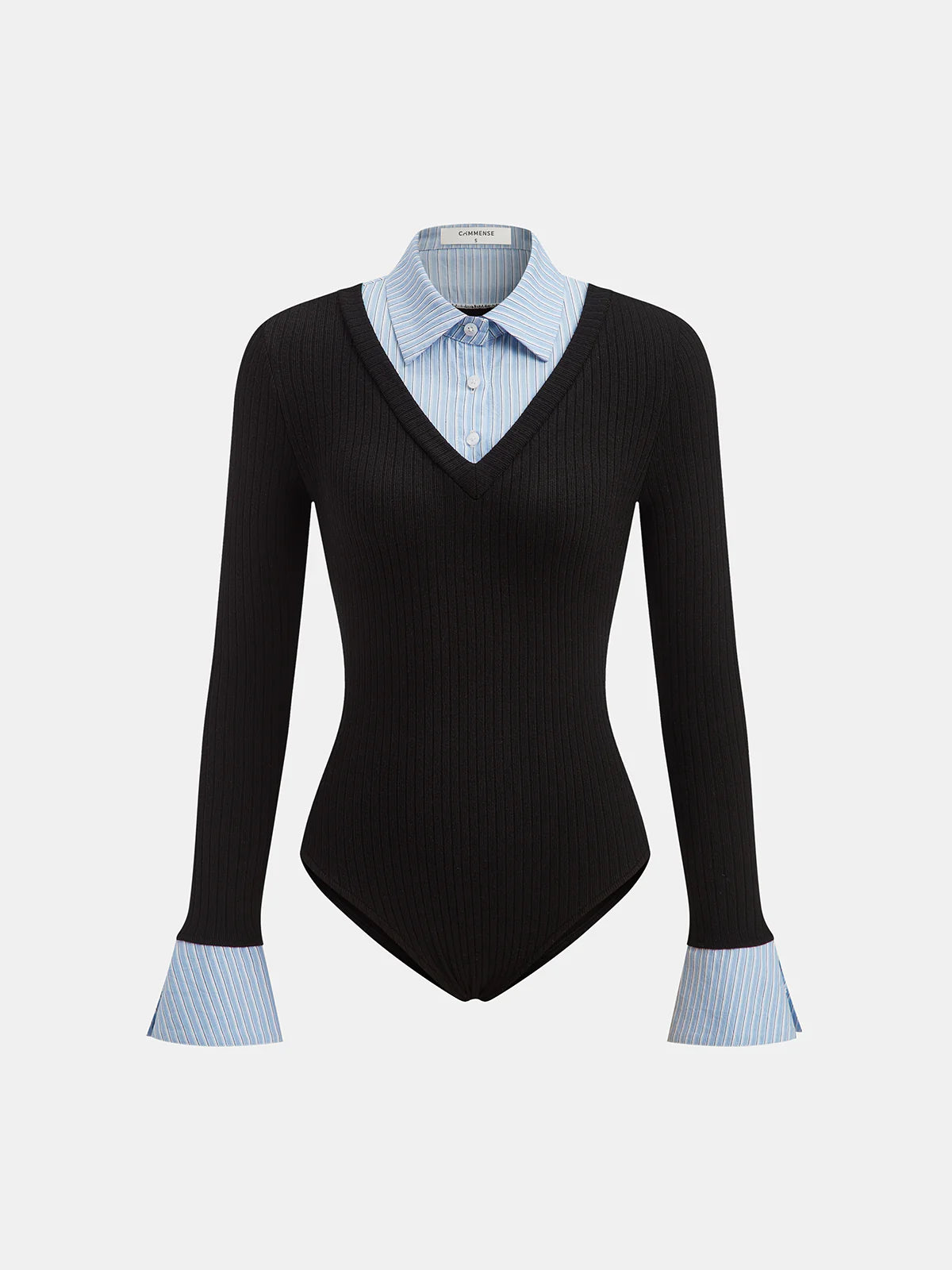 2 in 1 Striped Shirt Panel Ribbed Bodysuit