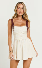 Tommy Mini Dress - Linen Ruched Bodice Laced Back Gathered Skirt Dress in Cream