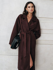 Suede Effect Belted Long Trench Coat