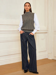 Leg-Of-Mutton Sleeve Panel Cable-Knit Sweater