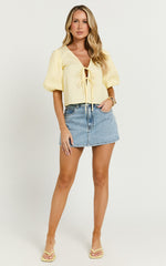 Dana Top - Bow Tie Front Puff Sleeve Blouse in Lemon